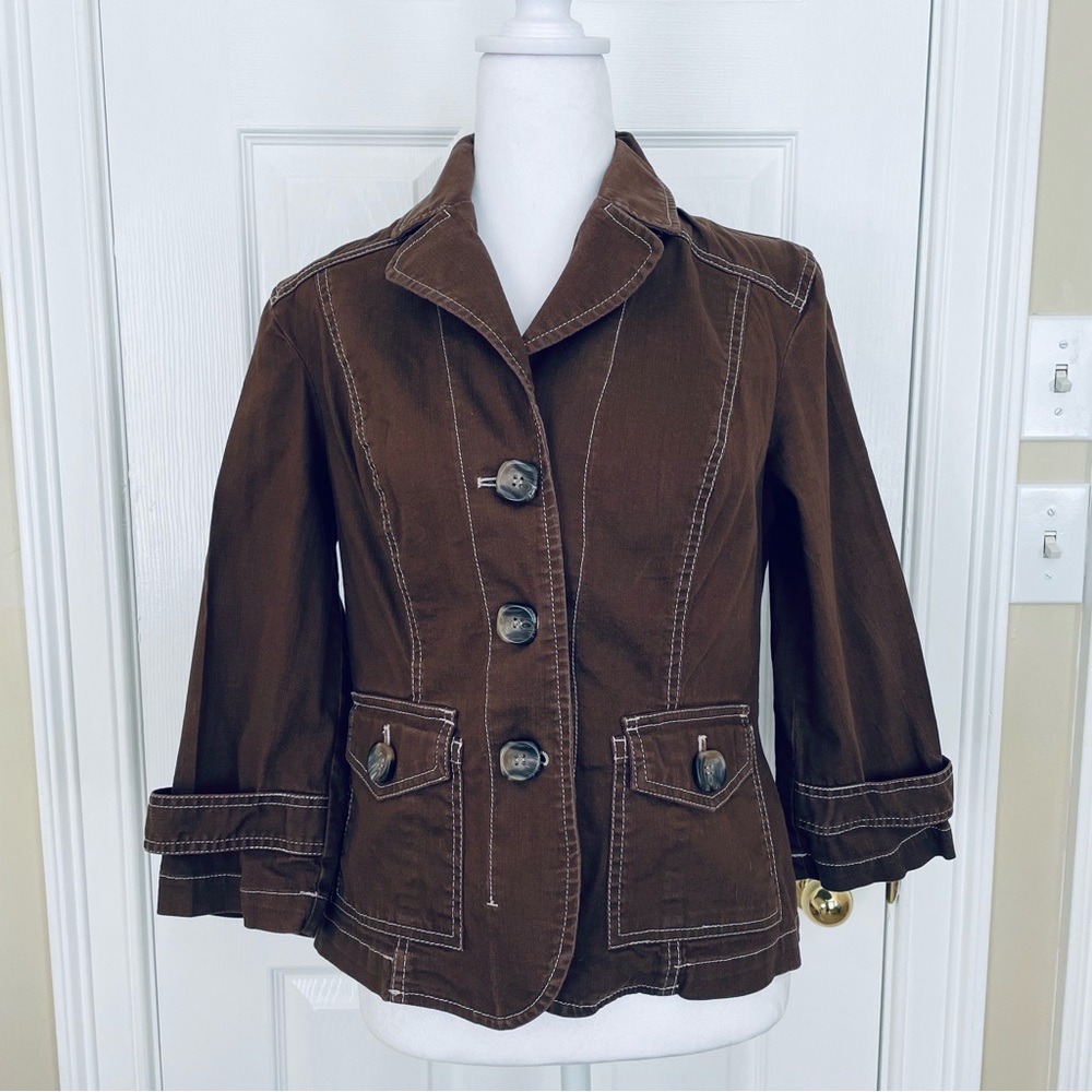 Coldwater Creek Fitted Jacket, Size 6, Dark Brown w/ Cream Color Overstitching